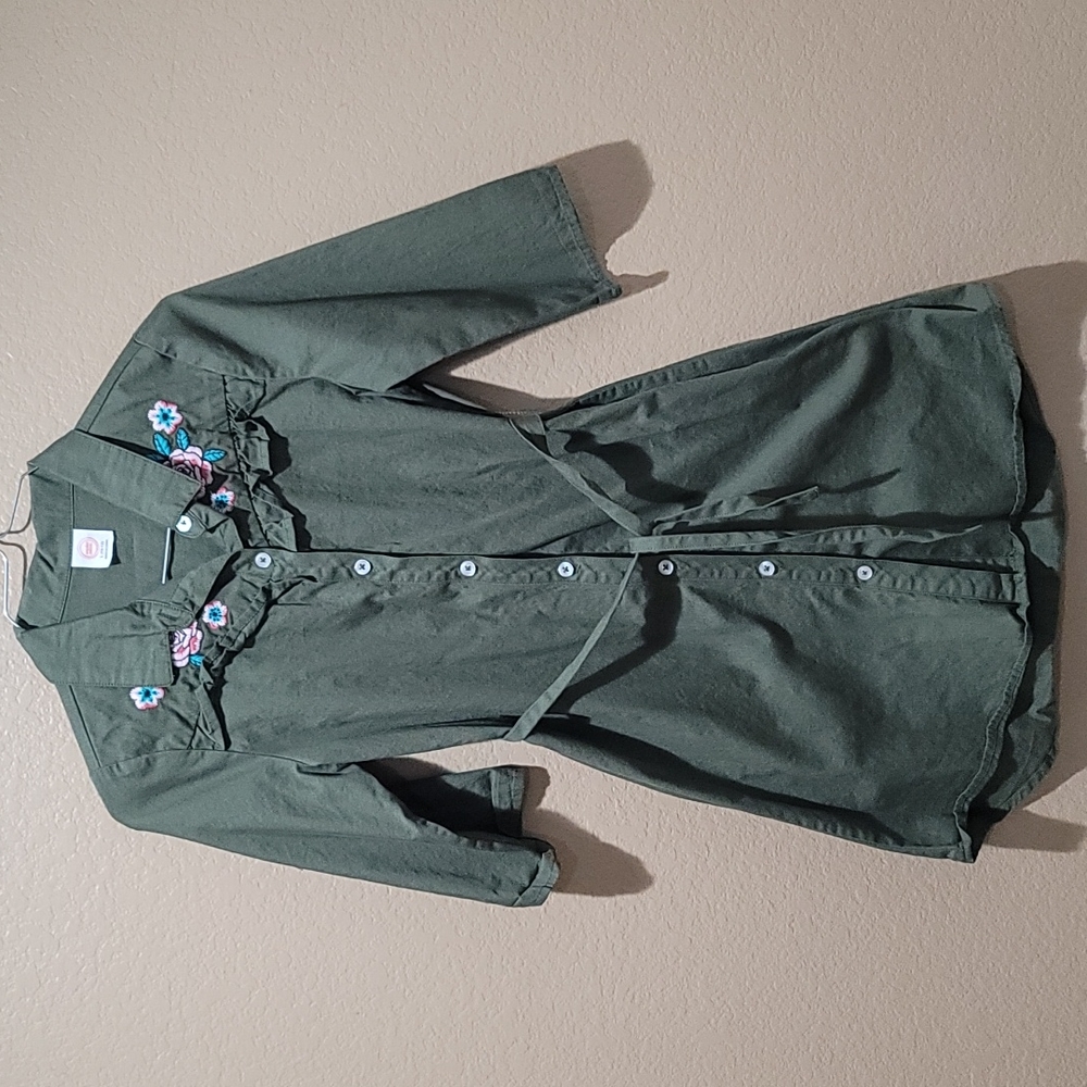 WONDER NATION Olive Green Tie Waist Twill Shirt Dress Girls (Large 10-12) L/G